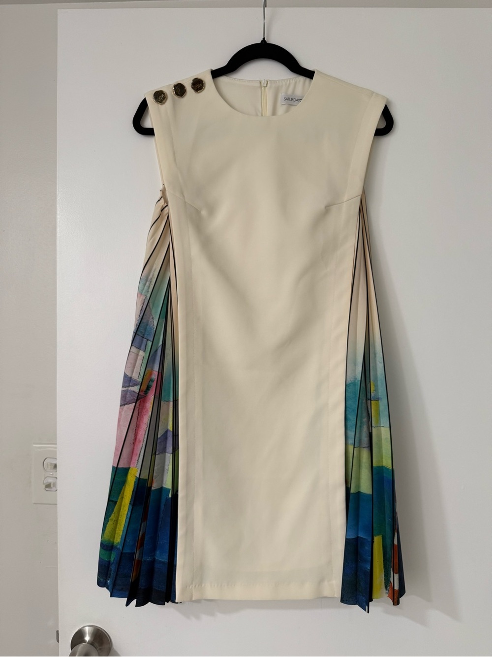 SaturdayClub Sleeveless Cream Shift Dress with Multicolor Pleated Sides